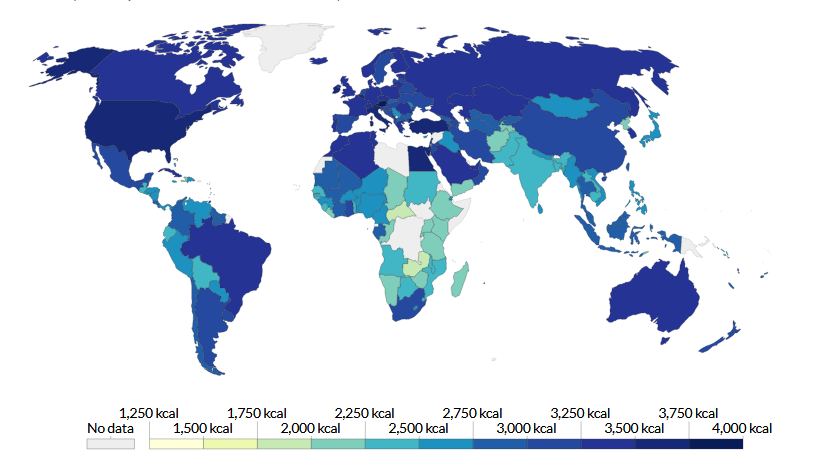Graph: Globale Kalorienverfügbarkeit pro Land.